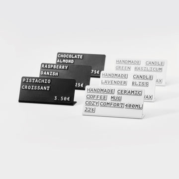 metal price tags with magnetic symbols in white, easy-to-change price tags from NOKU