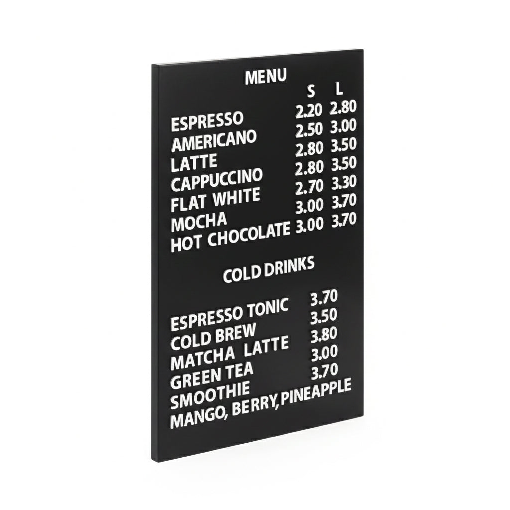 Black magnetic board with white letters showcasing a clean, organized menu layout.