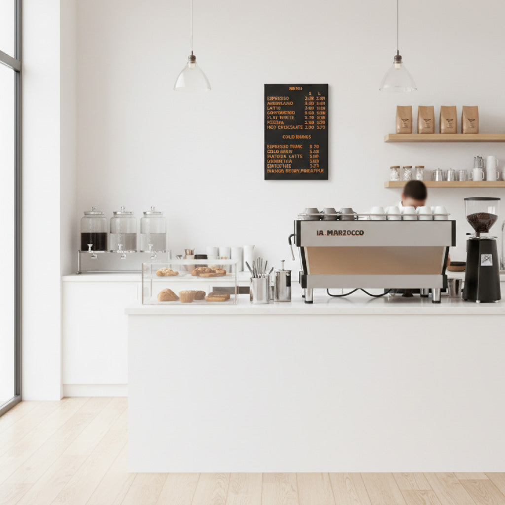 Magnetic black menu board displayed in a modern minimalist café interior with wooden shelves and espresso machine.