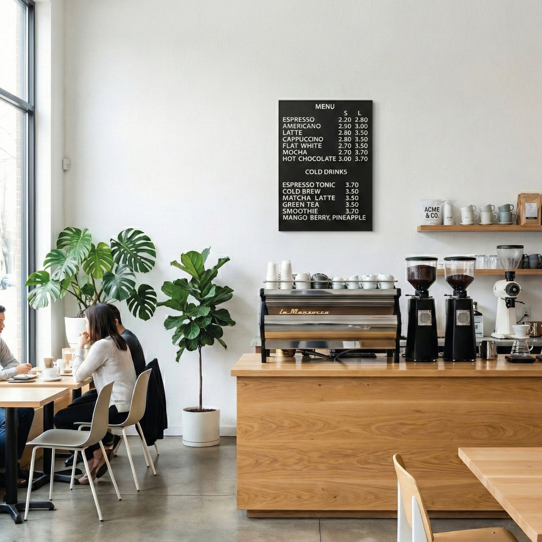 Magnetic black menu board with white wooden letters mounted on a wall.