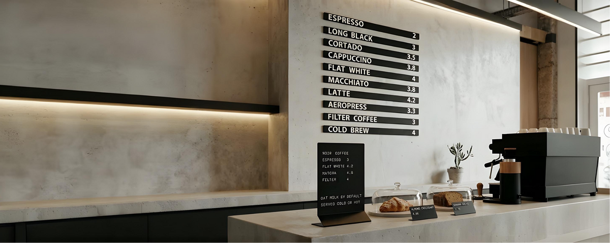 Metal wall menu board with magnetic letters and table sign with easly changeble magnetic symbols and metal price tag set displayed in a modern café interior