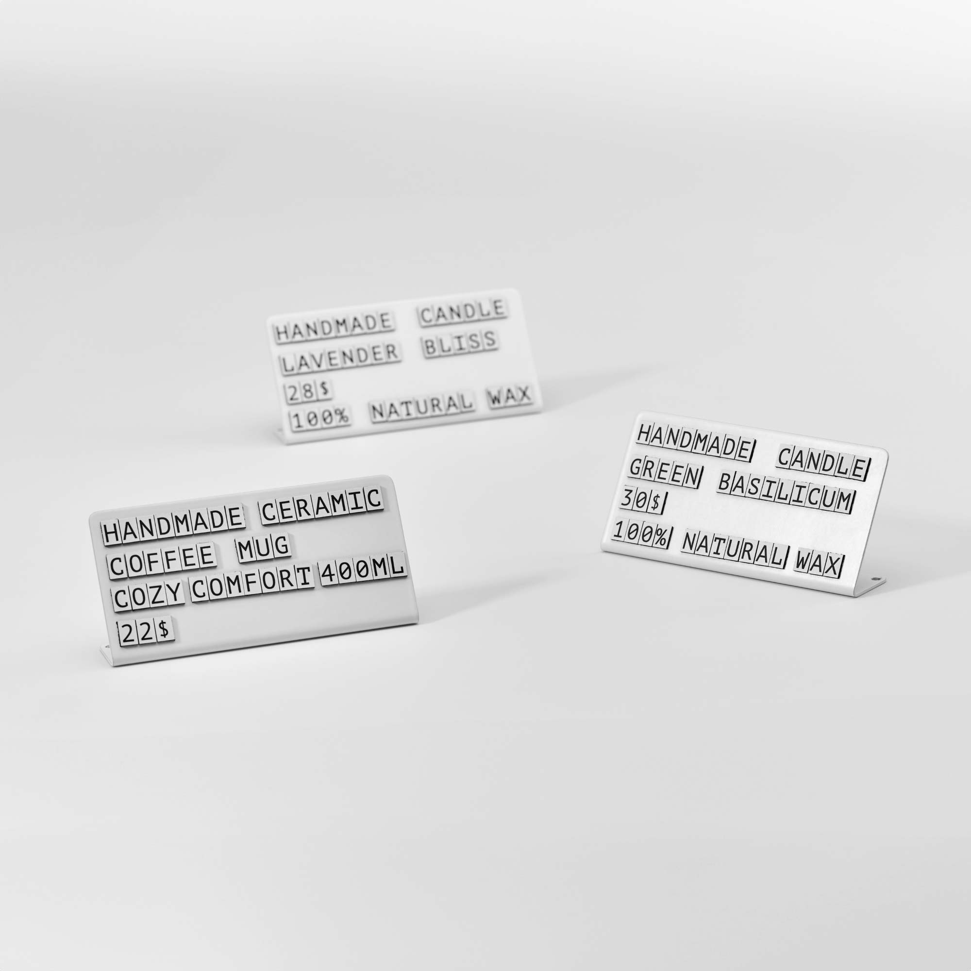 metal price tags with magnetic symbols in white, easy-to-change price tags from NOKU