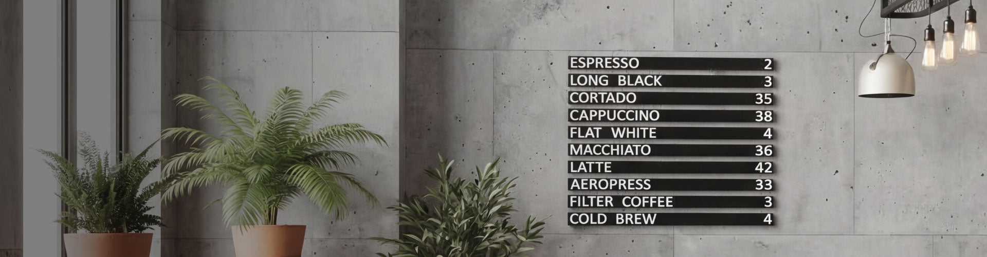 Modern coffee shop interior with NOKU menu display system on the wall with easy changeble magnetic white letters
