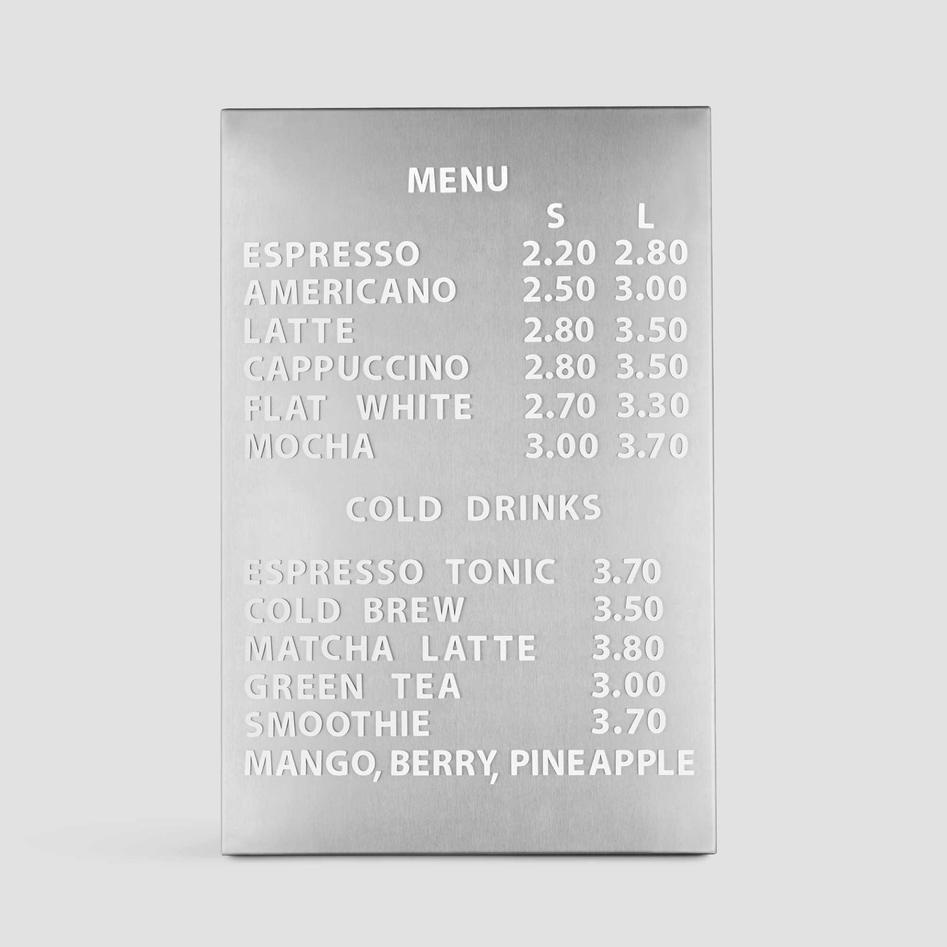 tainless steel menu board showing a full café menu with magnetic letters