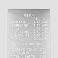 Stainless steel menu board with coffee shop menu and prices