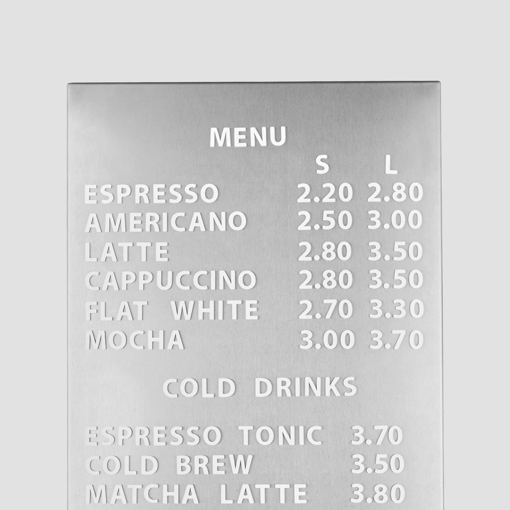 Stainless steel menu board with coffee shop menu and prices
