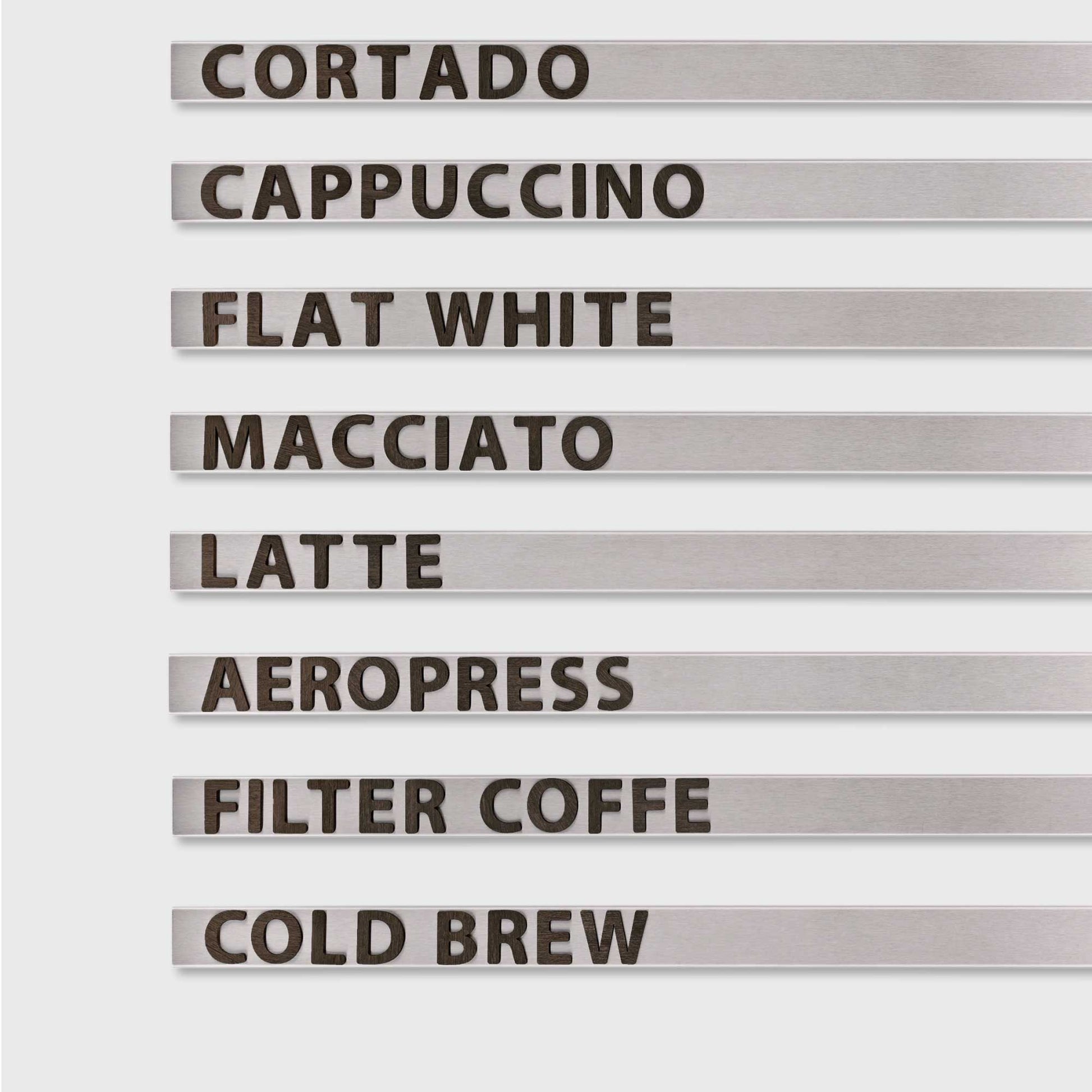 Magnetic menu board with brushed stainless steel strips with black wood  magnetic letters