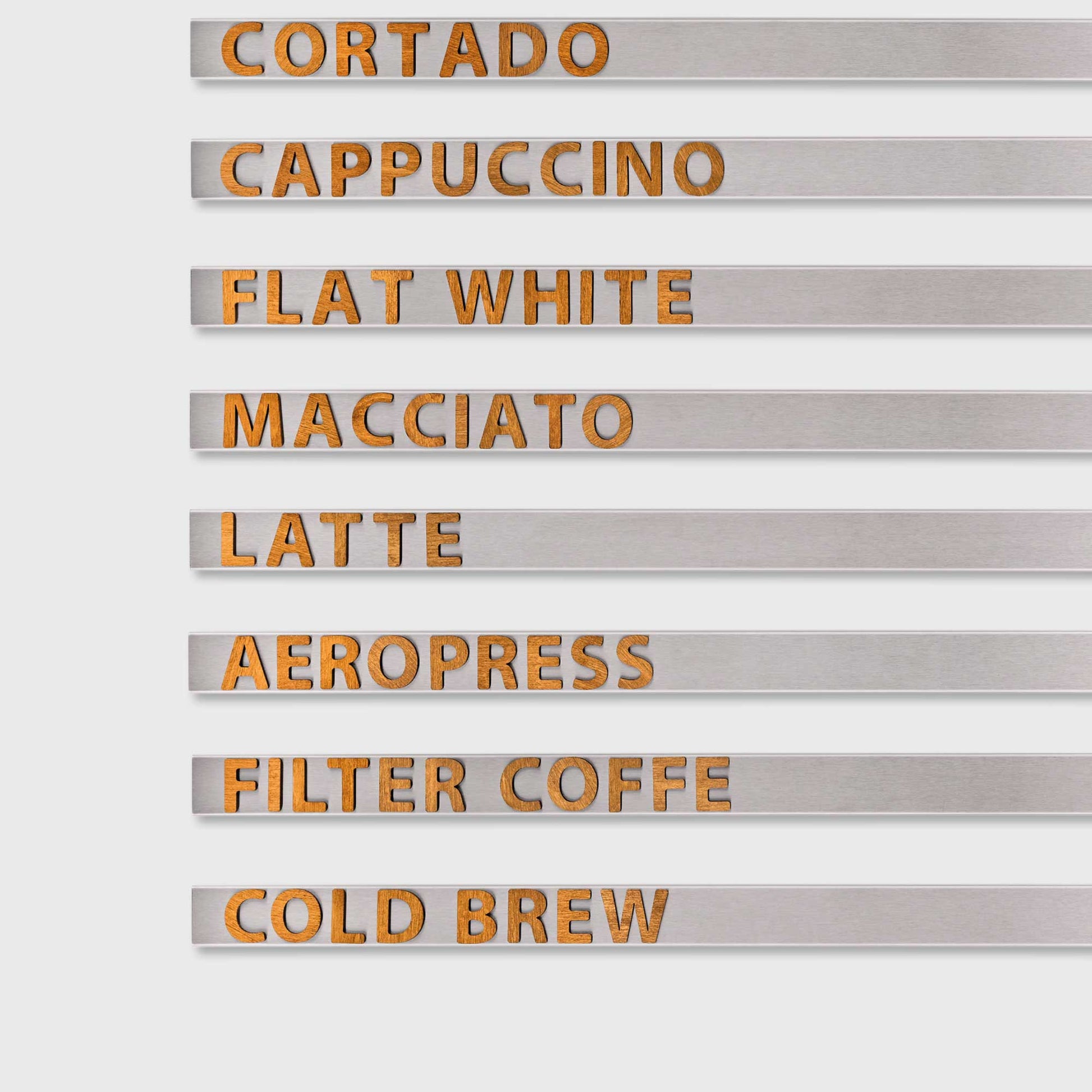 NOKU wall menu set installed in coffee shop interior with wooden magnetic letters in pale wood color

