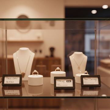 Black mini price holders displaying jewelry in a boutique showcase